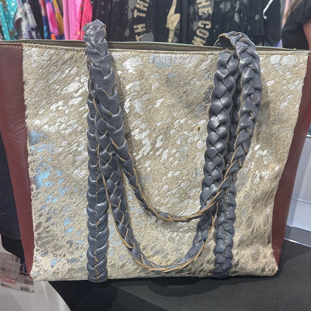 Elegant Gray and Brown Tote Bag with Braided Handles